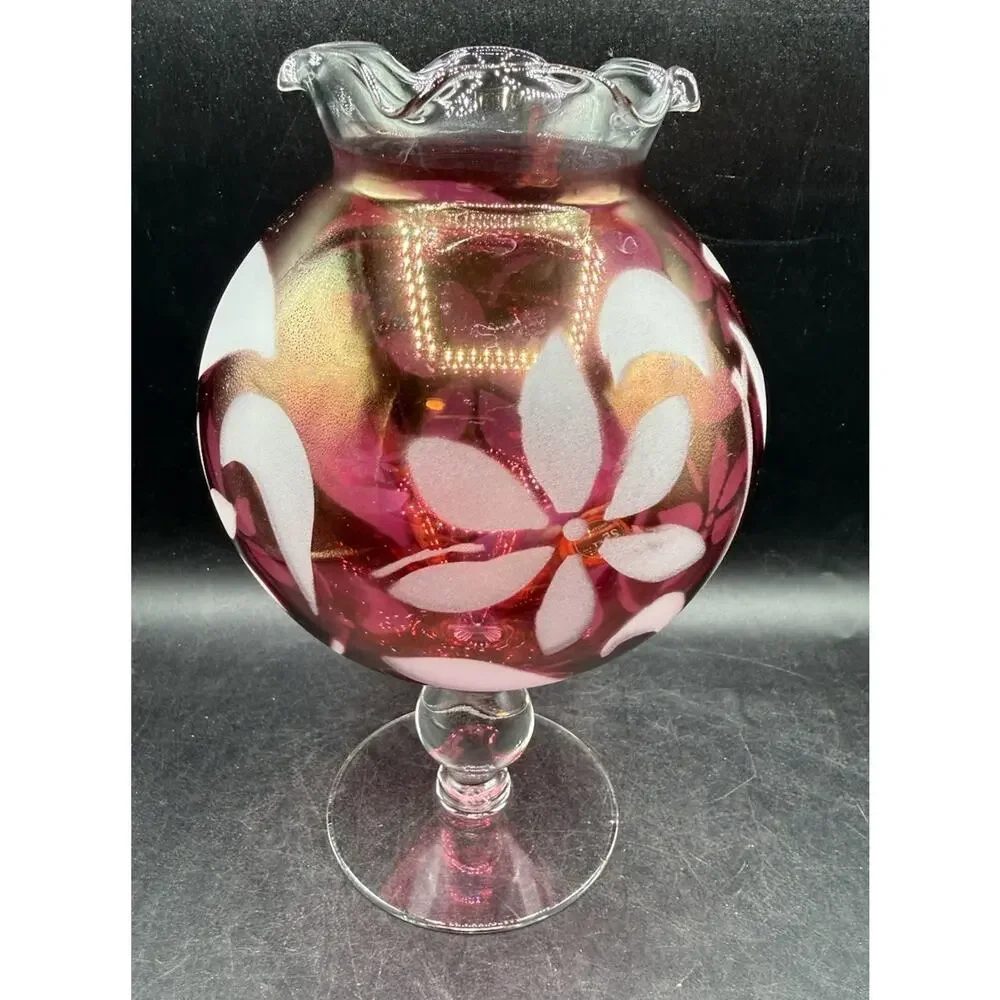 Cranberry Flower Rose Bowl Vase Glass Etched Pedestal Ruffled Rim Vintage